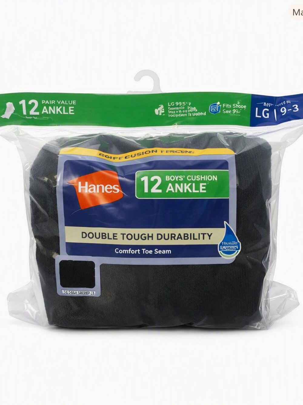 Hanes Boys Cushion Ankle Socks 12 Pair Pack Black Size Large Shoe 3-9